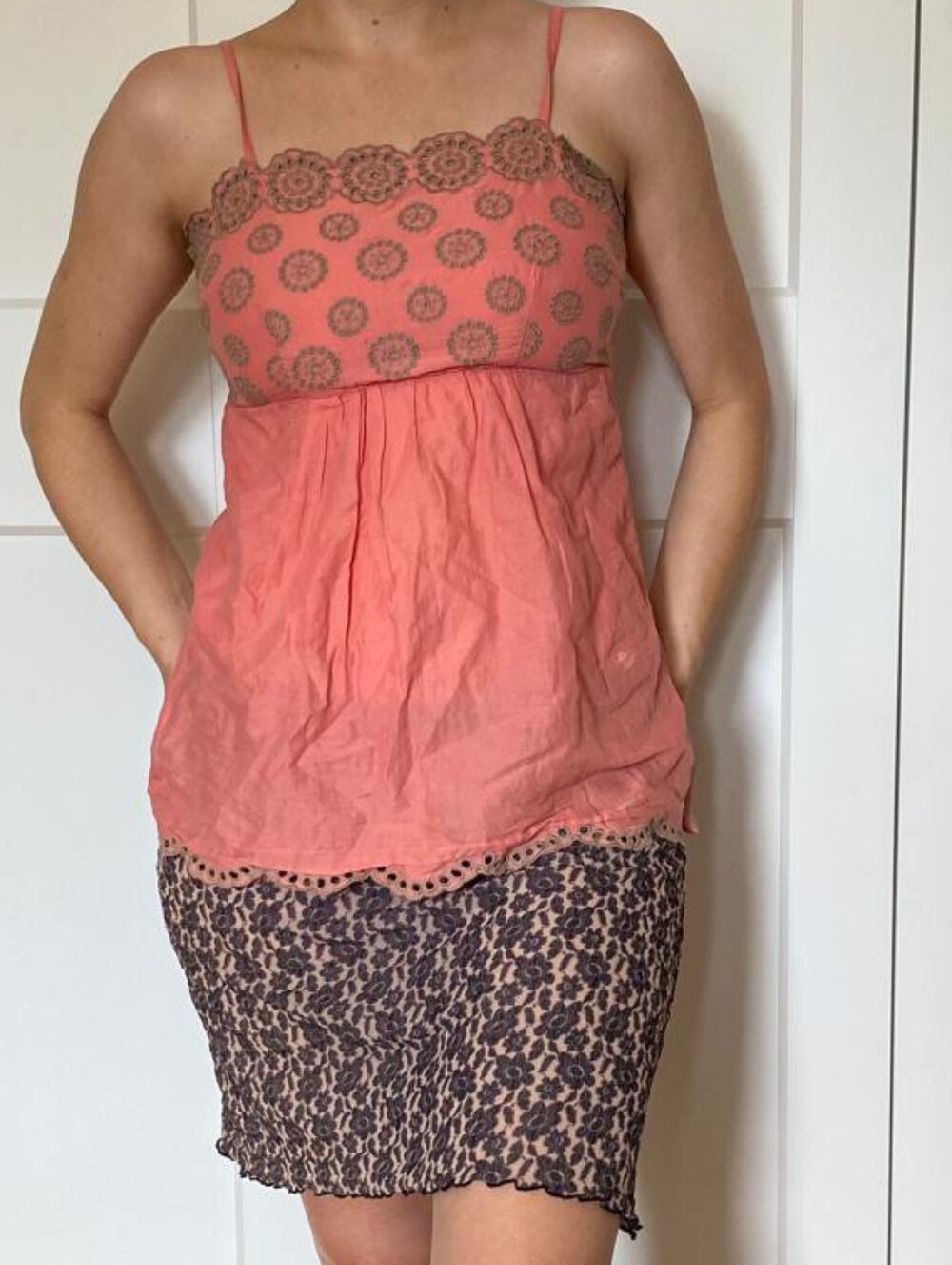 Suzy Shier Coral-Pink Lace-Trim Camisole Dress